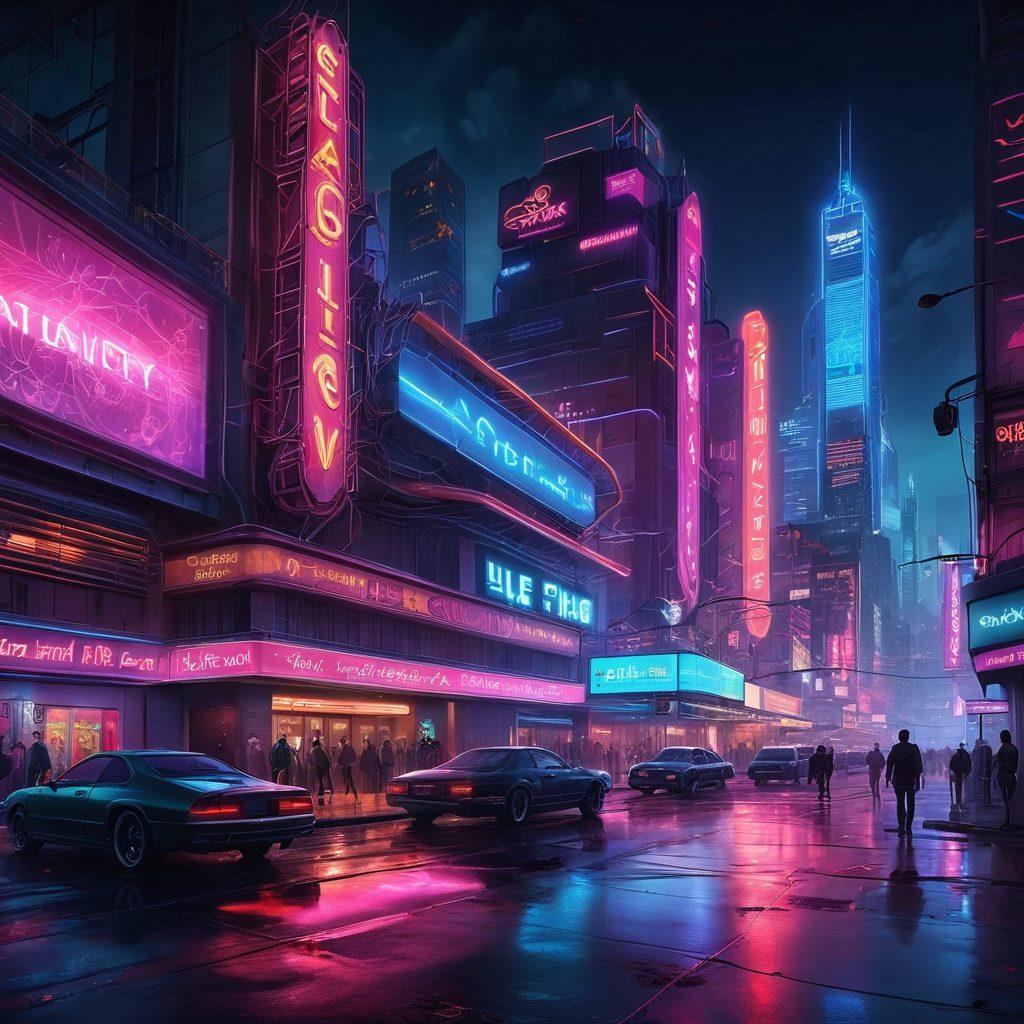 A captivating landscape featuring a vibrant neon city with silhouettes of various entertainment venues, intertwining digital circuits symbolizing web hosting and development. An open roadmap overlays the scene, highlighting key success secrets with icons like gears and light bulbs. The atmosphere is energetic and modern, appealing to an adult audience. super-realistic. vibrant colors. cyberpunk.