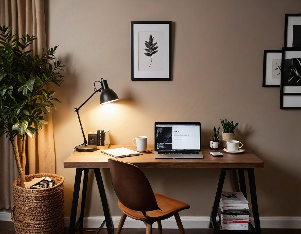 A sleek, modern workspace featuring a laptop displaying an adult content platform, surrounded by elegant decor, soft lighting, and tasteful art pieces. A notepad with handwritten tips and a stylish coffee cup on the side add a personal touch. Subtle hints of adult content like magazine covers and discreet props create context without being explicit. super-realistic. warm tones. sophisticated ambiance.