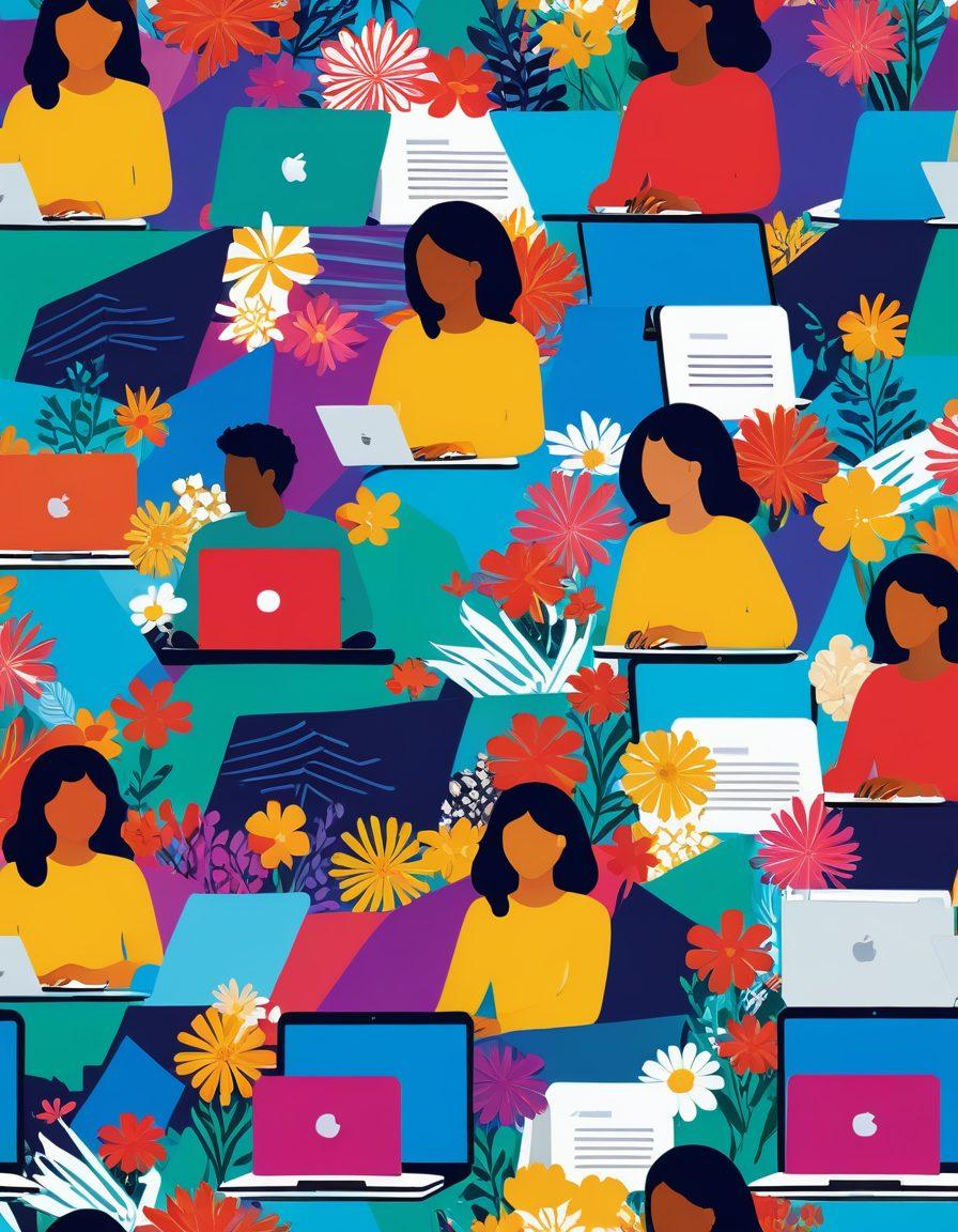 An eye-catching digital collage featuring a diverse group of people engaging with various niche adult websites on laptops and tablets, showcasing vibrant user interfaces. The background subtly incorporates elements representing growth, like upward arrows and blossoming flowers, symbolizing engagement and expansion. Include playful icons representing various adult themes, ensuring a tastefully artistic approach. vivid colors. modern illustration.